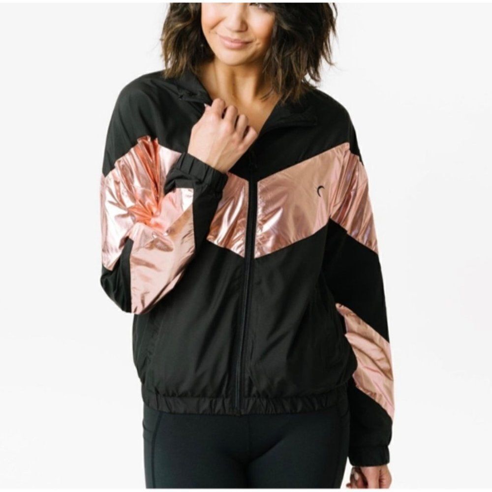 ZYIA Active Pink Shine Block Jacket Full Zip Windbreaker Size Large Black